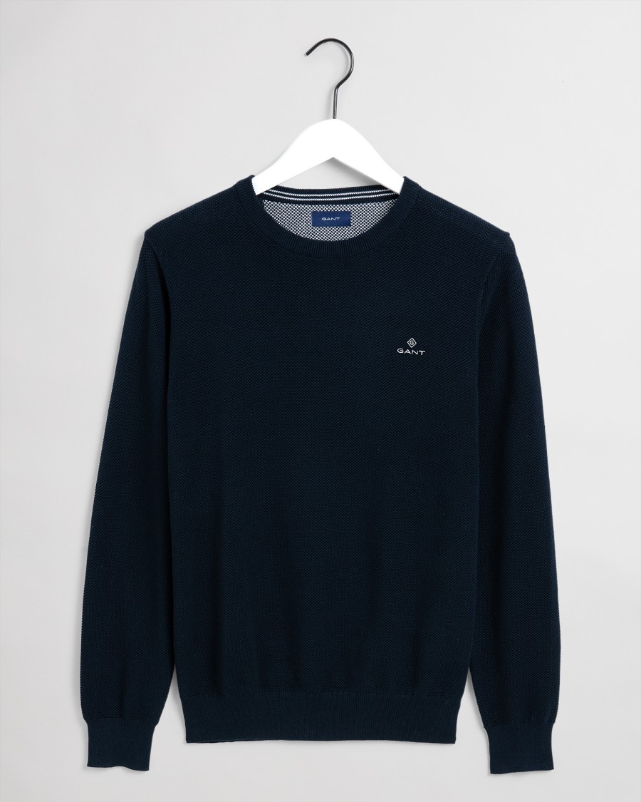 E&M Stores Gant Pique Cotton Crew Sweater Navy Hot